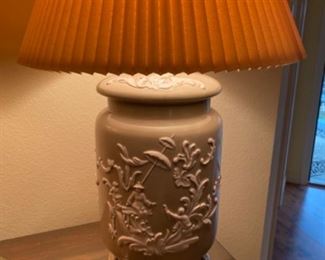 16- $65 - Oriental porcelain glazed, taupe and cream application 28”T x 9”pottery base.								