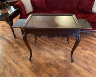 15- $150 - Coffee table with curved apron and cabriole legs, 2 side pulls 30”L x 20”D x 26 ½”H							
