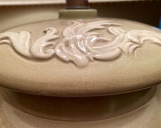 16- $65 - Oriental porcelain glazed, taupe and cream application 28”T x 9”pottery base.			