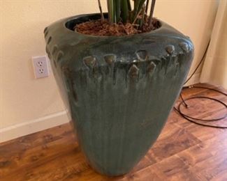 22- $75 - Large pottery glazed planter with faux plant 17”square x 26”H with faux plant 									 
