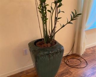22- $75 - Large pottery glazed planter with faux plant 17”square x 26”H with faux plant 	