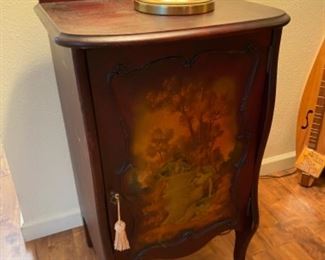 23- $195 - Antique music sheet cabinet with painted scene 20”W x 39”T x 16”D		