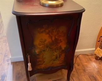 23- $195 - Antique music sheet cabinet with painted scene 20”W x 39”T x 16”D	