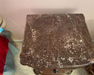 33- $195	Victorian marble top rouge (marble original and great condition), cabinet burl wood with one drawer drop ebonese pull. 		