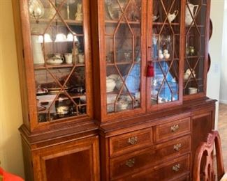 35- $895 - Antique large breakfront with burl wood and inlaid 77”L x 87”H x 19” D to the widest point. 		