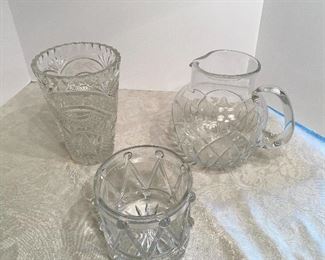 48- $45 - Press glass vase + crystal pitcher + Tambour ice bucket or cooler 