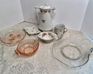 52-$50 - Porcelain lot & pink depression glass 7 pieces 		