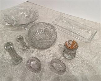 #55- $50 Cut crystal & depression glass 8 pieces (notice unusual knife rest) 