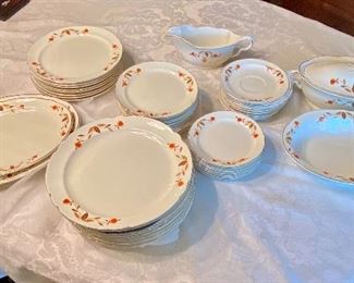 #60 - $120 Hall Set 12 dinner plates, 8 salad plates, 9 dessert plates, 7 B&B, 9 saucers No cups, 2 meat platters, 1 oval veggie, gravy bowl, covered oval tureen. Some chips no perfect. 	As-is				