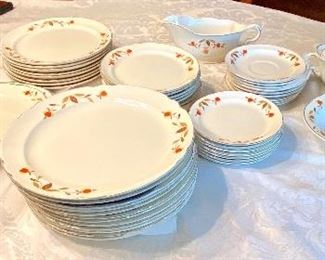 #60 - $120 Hall Set 12 dinner plates, 8 salad plates, 9 dessert plates, 7 B&B, 9 saucers No cups, 2 meat platters, 1 oval veggie, gravy bowl, covered oval tureen. Some chips no perfect. 	As-is				