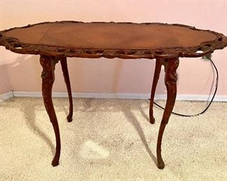 #74 - $90 - Walnut carved side table with drop sides c.1960’s – open 38”x 16”D x 24”			