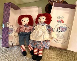 #83- $36 set of two cloth dolls Vintage Raggedy Ann dolls in boxes. 