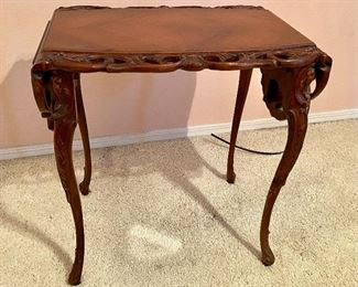 #74 - $90 - Walnut carved side table with drop sides c.1960’s – open 38”x 16”D x 24”	