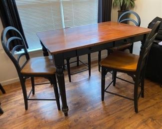 #85 - $175 Kitchen table with 3 chairs + 1 bonus not matching 3’ x 54” + 1 leave 18” -2 side by side drawers on each side. 																