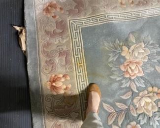 # 87 - $275 - Teal Chinese rug 12’ x 8.3, was cleaned and rolled for years. Where my foot point has small tiny stains 