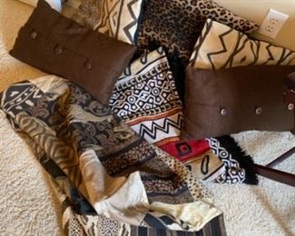 #114 - $50 African textile collection 5 pillows one as is & 2 table top, one really made in Africa 