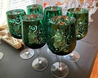 #113 - $26 set of six green glasses etched 
