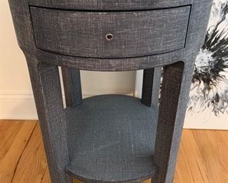 1. Bungalow 5 Round Side Table w/ Navy Washed Linen Finish and Nickel Pulls and Accents (18" x 24.5")