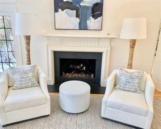 23. Pair of Vanguard Furniture Swivel Chairs w/ Linen Upholstery on Wood Base (32" x 36.5" x 32.5")                   30. Pair of Butcher Block Floor Lamps (74")                           31. Custom Light Gray Ottoman (25" x 18")