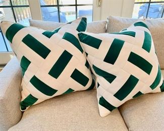 67d. Pair of Custom Green Velvet & Linen Pillows (22")