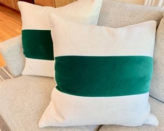 67d. Pair of Custom Green Velvet & Linen Pillows (22")