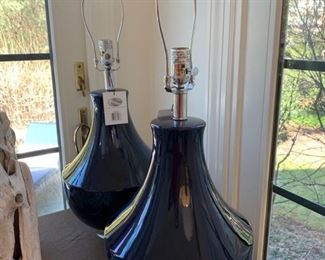 113. Pair of Basset Mirror Co. Navy Ceramic Lamps (29")