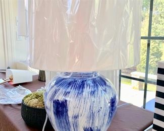 136. Regina Andrews Blue and White Brush Stroke Lamp (28")