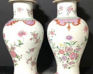 Grand Pair Chinese Floral Antique Signed Vessels
