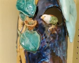 Majolica style vase. High relief figural detailing