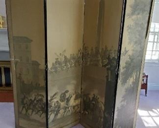 Fine large tall four panel floor screen.  Detailed battle scene
