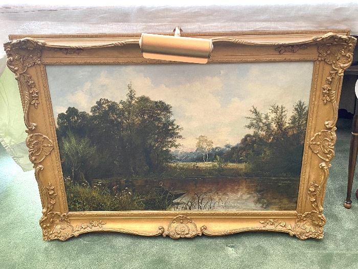 Framed Oil on Canvas landscape scene; circa 1902; signed JH Boel and features a man on a boat on a body of water. 
J.H. Boel was an impressionist & modern painter.   There is a note on the back on the frame that says this lovely painting was purchased around 1980 at Dayton's. 