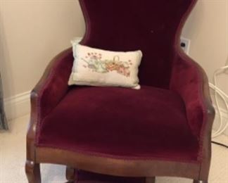 Lovely red velvet upholstered Victorian style chair. Foot stool sold separately. 