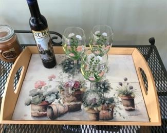 Tiled Serving Tray, and hand painted wine glasses. 