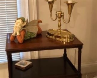 Brass accent lamp, bugle horns. Sweet little elf, sitting on 3 shelf vintage table. 