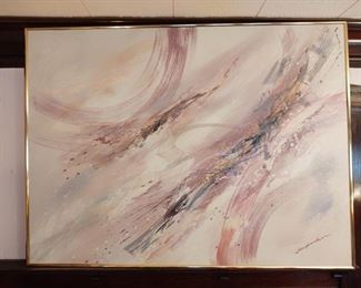 Amazing vintage contemporary painting 1980s, mauve on mauve w/ teal accents, signed Don Tucker