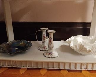 Fenton, carnival glass, hand-painted candlesticks