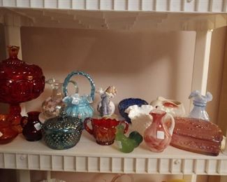 Big amberina compote with lid, hand painted fenton, other select pieces