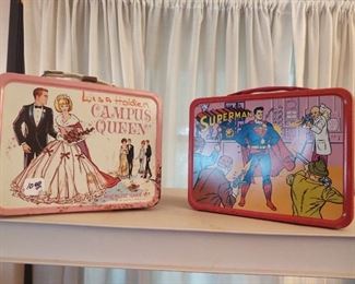 Awesome 1957 Superman lunch box, Campus Queen lunch box with thermos