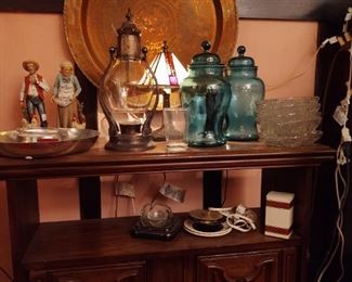 Coffee carafe, glass jars, serving tray, adorable lamp, figurines