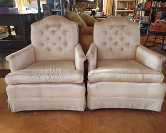 Pair of hickory chair company velvet living room chairs, also slight cat customization