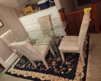 Totally awesome 1980s glass top and glass pedestal dining table with four Parsons chairs