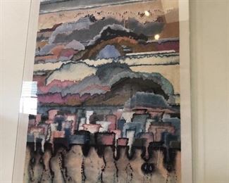 Depiction of Morro Bay using colored mashed papers. Signed by artist. Frame included.