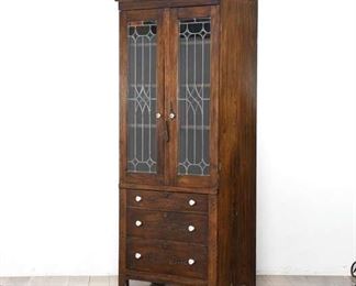Traditional Large Wooden Carved Hutch With Leaded Glass Doors