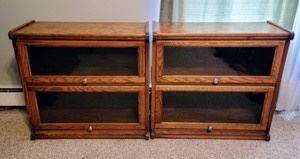 Pair of Double Glass Front Bookshelves/Barrister Style. Some light scratches on the tops, but both are in great shape. Each measures 31" wide, 13" deep and 29.5" high. 