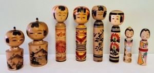 Vintage Painted Wooden Japanese Figurines. Some light wear but all look to be in great condition. The tallest pair measure 7.5” high and the smallest is 4.5”.