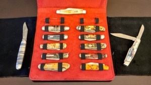 Collection of Vintage Pocket Knifes by Case. nice variety of styles and sizes and the leather case is included. The largest measures around 4” and the smaller are about 3”.