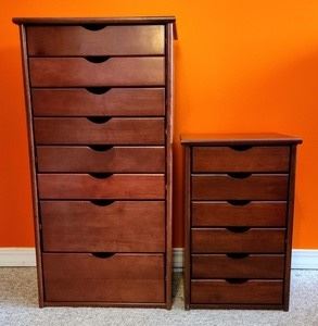 Pair of wooden Storage Drawers. Both are in excellent condition and have a nice decorative look.  The largest measures 20” wide, 14” deep and 38.5” high. The smaller one measures 15” wide, 14” deep and 24” high.