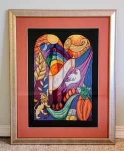 Vibrant Framed Embroidered Artwork. A beautiful and colorful piece by an unknown artist with initials LE. Measures 28.5” x 37”.