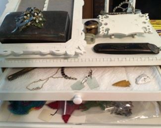 Jewelry, antique spectacles, silver jewelry box,  pocket knives etc