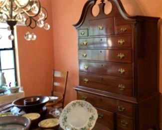 Dining room, Chippendale highboy, pedestal table, several antique chairs